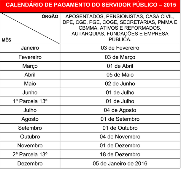 Calendário de pagamento dos servidores do Estado do Maranhão para o ano de 2015
