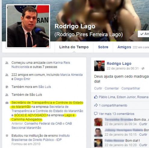 Perfil de Rodrigo Lago em uma rede social comprova que ele é sócio da Lago e Caminha Advogados