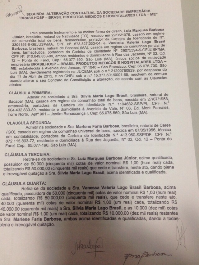 Documento mostra que superintende de Redes da Saúde transferiu seus poderes na Brasilhosp para a sogra e a mãe, próximo à condenação imposta pela TCE-MA