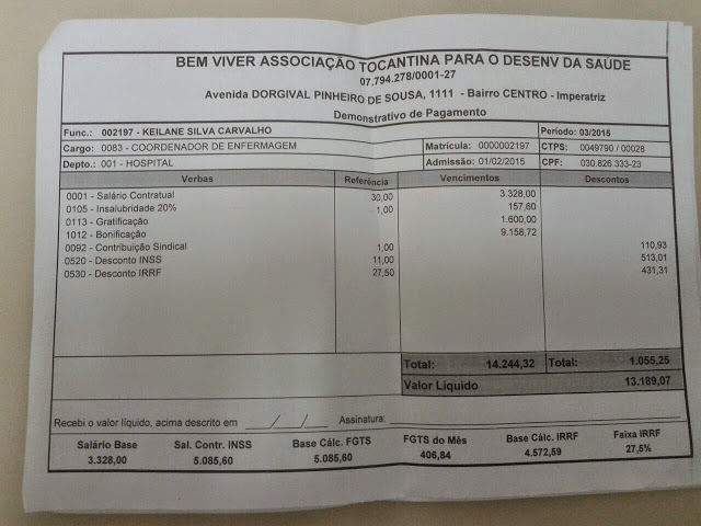 Cópia do contra-cheque da enfermeira Keilane Carvalho
