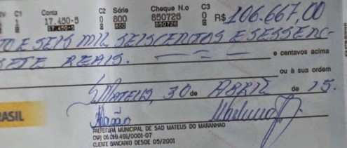 Cópia de um dos cheques da Prefeitura de São Mateus que estava em posse de agiota Pacovan
