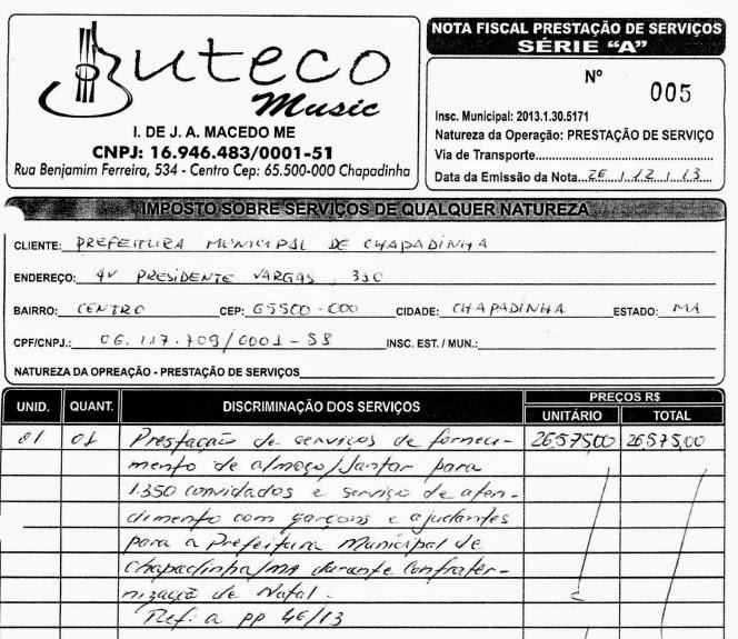 Nota fiscal da Buteco Music também comprova uso da verba da Prefeitura de Chapadinha com festa privada