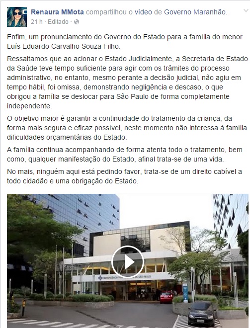 Tia de "Dudu" esclarece mentira do governo Flávio Dino sobre tratamento de recém-nascido em São Paulo