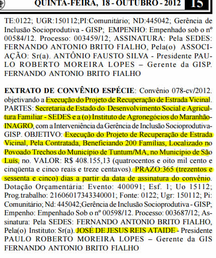 Extrato de Convênio assinado pelo próprio José Ataíde para execução de serviços de infraestrutura em um povoado fantasma de São Luís - e Tuntum