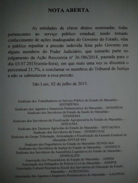 Entidades chegaram a emitir nota repudiando a ação do governador Flávio Dino contra os servidores públicos do Maranhão