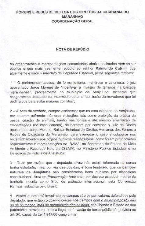 Trecho inicial da nota de repúdio ao deputado estadual Raimundo Cutrim, que que está apoiando grileiros em Anajatuba
