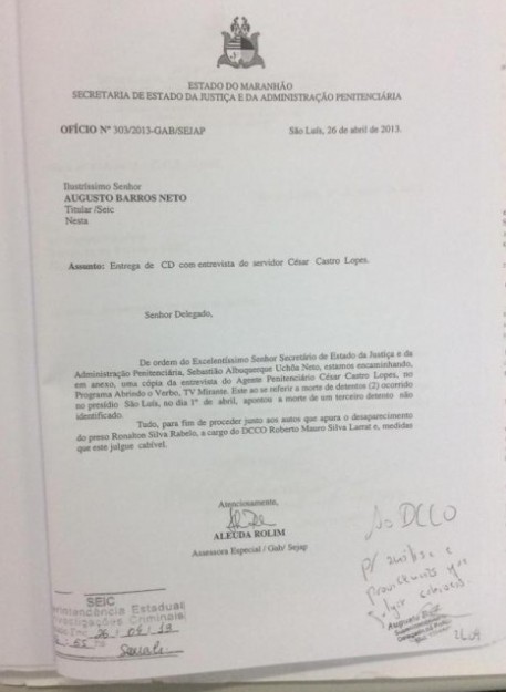 Ofício encaminhado ao delegado Augusto Barros mostra que denúncia de ocultação e suposto canibalismo não foi abafada por Sebastião Uchôa