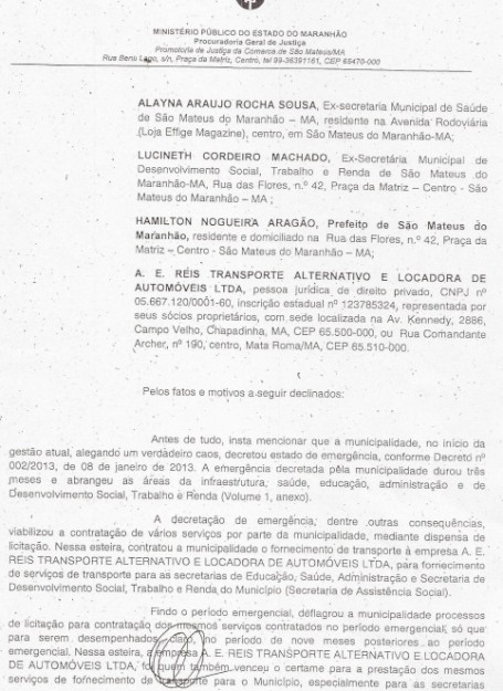 Trecho do documento do MP-MA que inclui Miltinho Aragão entre os envolvidos em desvio de dinheiro público em São Mateus