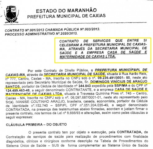 Trecho de cópia do contrato assinado entre Léo Coutinho e os outros Coutinhos, inclusive a esposa ficha suja do presidente da Assembleia, Humberto