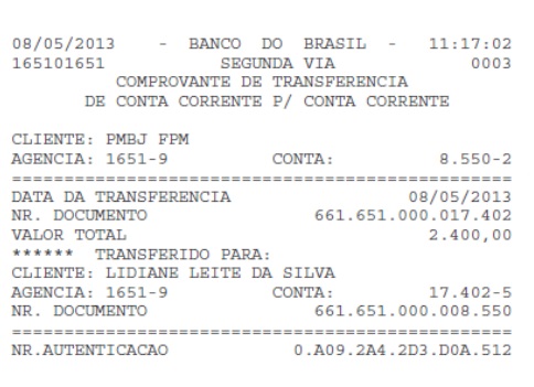 Transferência de R$ 2.400,00 feita da conta da Prefeitura de Bom Jardim para a conta de Lidiane Rocha