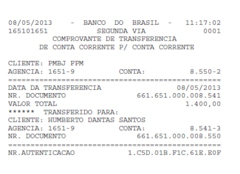 Transferência de R$ 1.400,00 feita da conta da Prefeitura de Bom Jardim para a conta de de Beto Rocha