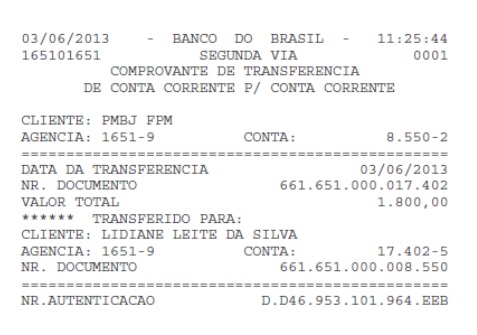 Transferência de R$ 1.800,00 feita da conta da Prefeitura de Bom Jardim para a conta de de Lidiane Rocha