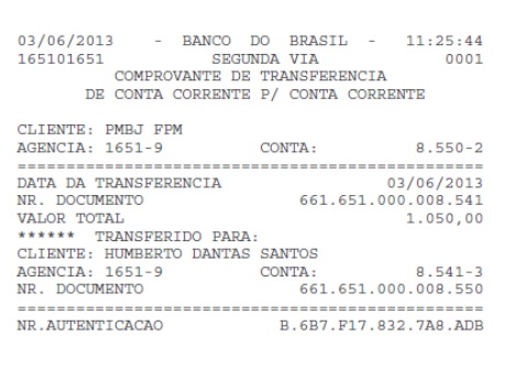 Transferência de R$ 1.050,00 feita da conta da Prefeitura de Bom Jardim para a conta de de Beto Rocha