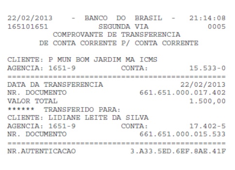 Transferência de R$ 1.500,00 feita da conta da Prefeitura de Bom Jardim para a conta de Lidiane Rocha