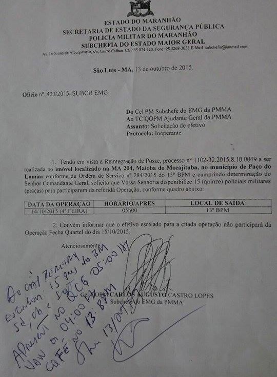 Documento mostra o Coronel Carlos Augusto requisitando 15 integrantes da Banda de Música para uma ação que deve ser desenvolvida pela Batalhão de Choque