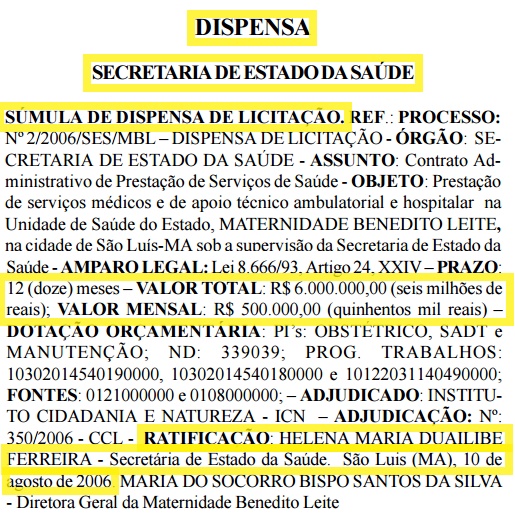 Documento extraído do Diário Oficial do Maranhão mostra que ICN é contratada para gerir a saúde no pública estadual, com dispensa de licitação, antes de Murad assumir a SES