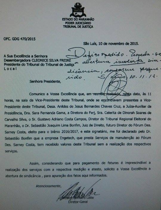 Ofício encaminhado por diretor-geral do TJ-MA à Cleonice Freire revela pagamento à empresa Engetech por serviços não prestados ao Fórum de São Luís