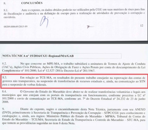 Item 8, da Nota Técnica sobre o levantamento feito pelo CGU, MP-MA e TCE deixa claro que quem não cumpriu a LRF e a LAI deve ter as contas reprovadas pelo Tribunal de Contas do Maranhão