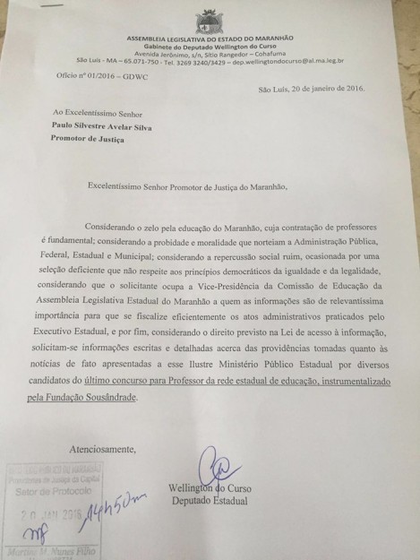 Ofício protocolado pelo deputado Wellington do Curso junto ao Ministério Público do Maranhão