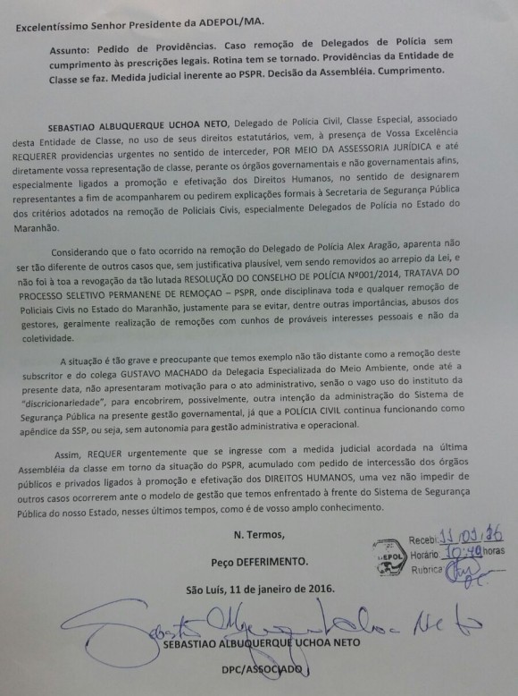 Sebastião Uchôa quer que Adepol-MA tome providências urgentes em relação aos critérios adotados pelo governo para transferir policiais civis, principalmente delegados