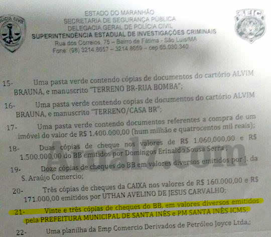 Relatório da Seic sobre documentos encontrados no cofre do agiota Pacovan mostra que 23 cheques da Prefeitura de Santa Inês estavam entre eles