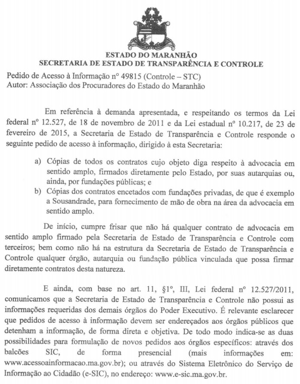 Trecho do documento em que Rodrigo Lago nega acesso aos contratos do governo Flávio Dino com base em distorções da Lei de Acesso à Informação