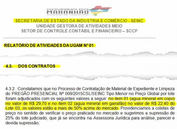 Trechos do relatório da UGAM onde é mostrado que Simplício Araújo assinou um contrato superfaturado em mais de 50% acima do valor do mercado