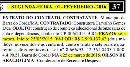 Extrato do contrato publicado pela Prefeitura de Barra do Corda quase seis meses depois de vencido