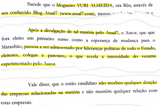 Trecho do processo em que Flávio Dino diz que o Atual7 está 'lhe tirando o sono' e jura de pés juros que não recebeu dinheiro da UTC e da OAS durante a campanha de 2014