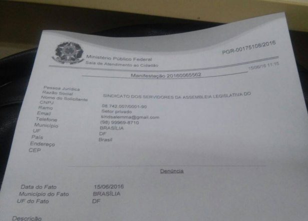 Protocolo de uma das representações feitas pelas entidades na PRG pedindo investigação contra os Poderes Judiciário, Executivo e Legislativo do Maranhão