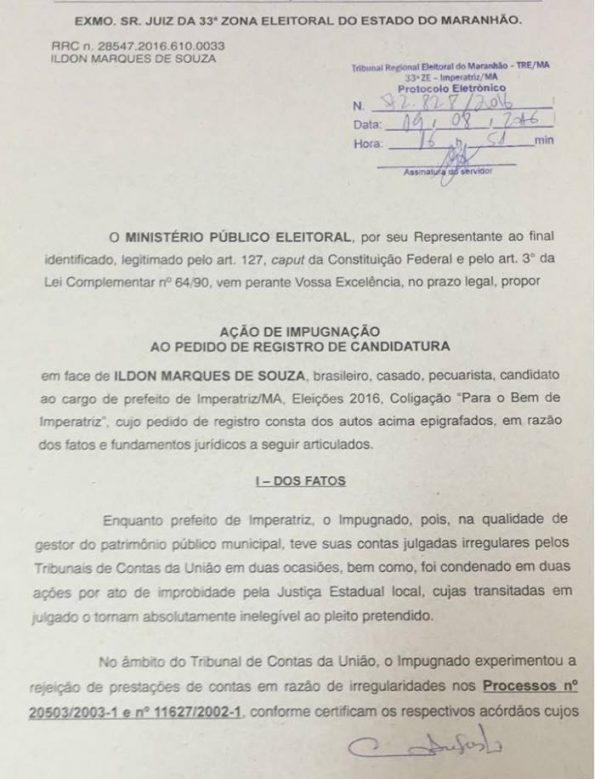 Trecho do pedido de impugnação de candidatura de Ildon Marques feito pelo MPE