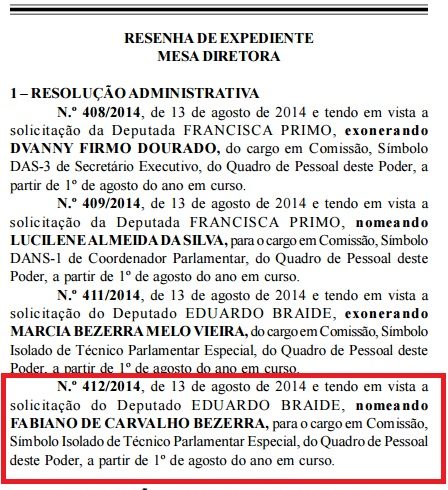 Trecho do Diário Eletrônico da AL-MA, que mostra que Fabiano Bezerra foi nomeado por Braide em seu próprio gabinete