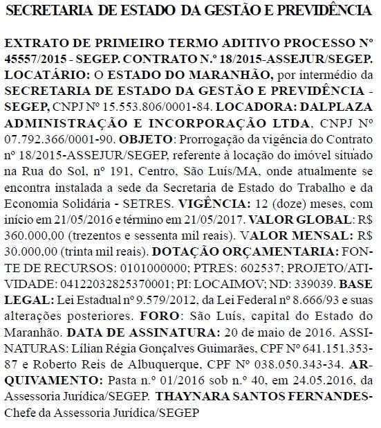 Extrato do aditivo ao contrato de aluguel entre a Segep e a empresa de parentes de Sandra Albuquerque Dino, pelo prédio da Secretaria do Trabalho e da Economia Solidária do Maranhão
