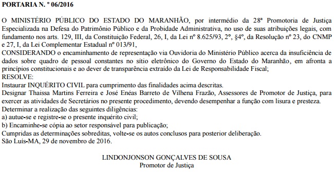 Portaria mostra que MP quer saber motivo do governo Flávio Dino não divulgar no Portal da Transparência os nomes e os respectivos salários dos servidores públicos lotados no Executivo